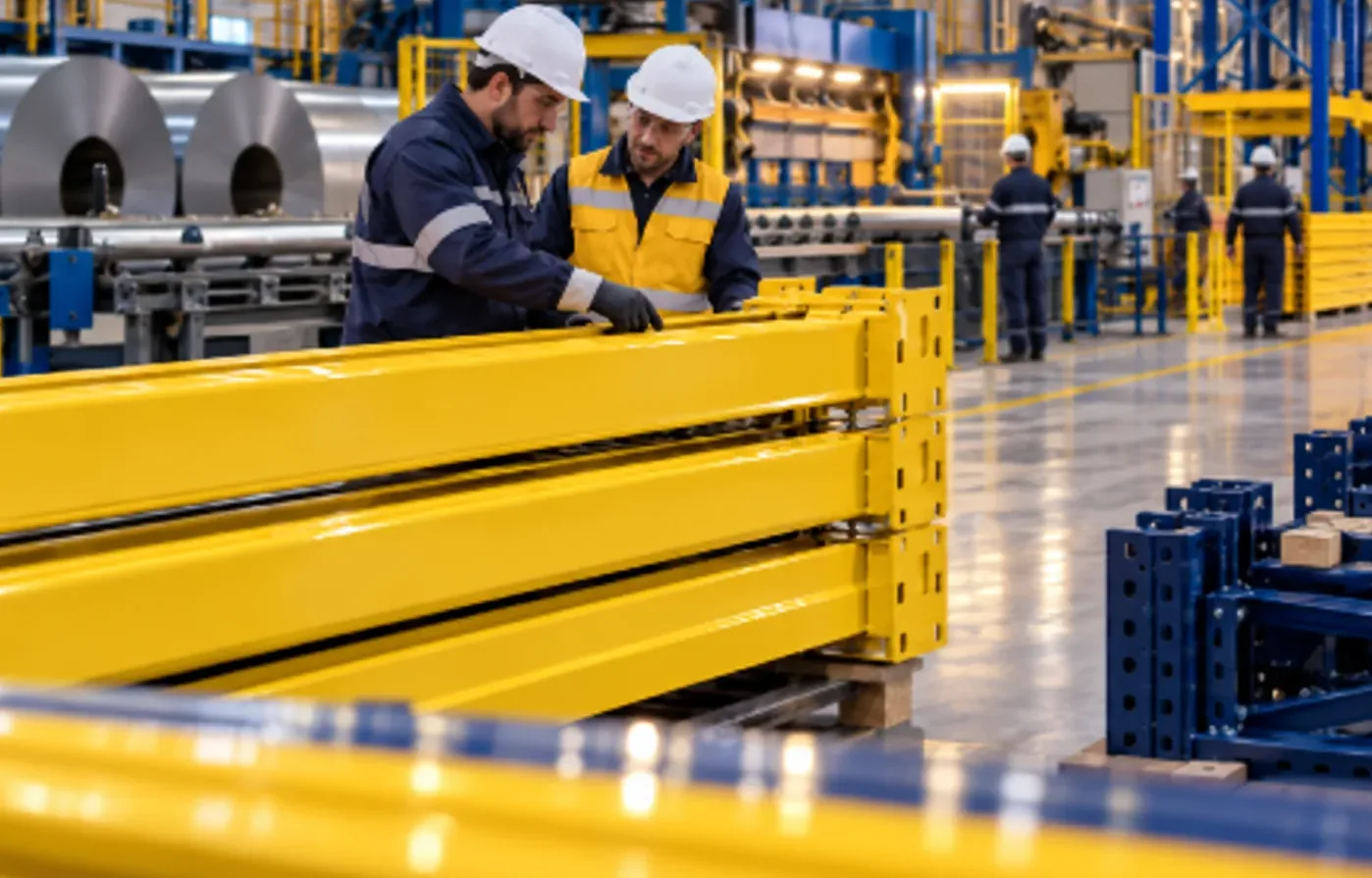 Operarios de ZILRack revisando vigas amarillas en una planta de fabricación