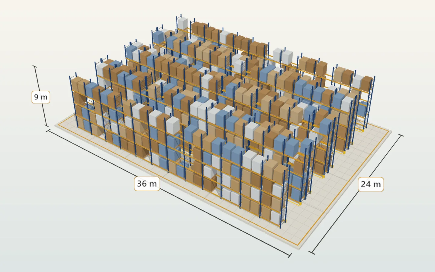 Modelo 3D conceptual de rack selectivo con montantes azules, vigas amarillas y pallets